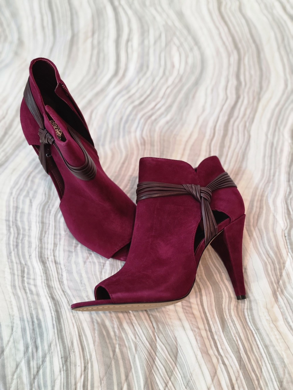 Vince Camuto Open-Toe Suede Heel Booties in Wine